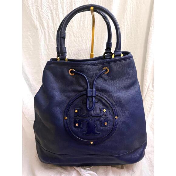 Tory Burch large blue leather bucket purse with gold accents